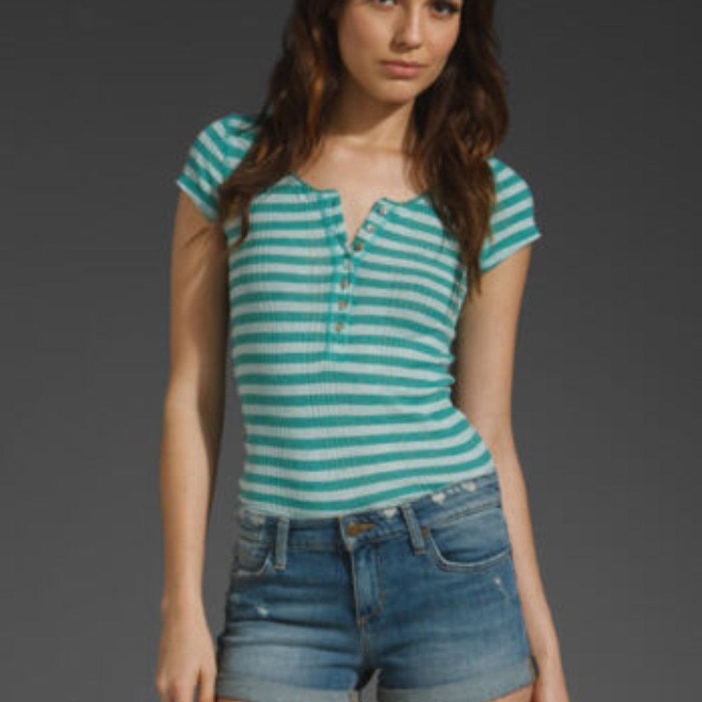 FREE PEOPLE Top M SAILOR STRIPE Ribbed T Shirt Teal Henley Buttons Crochet NWT